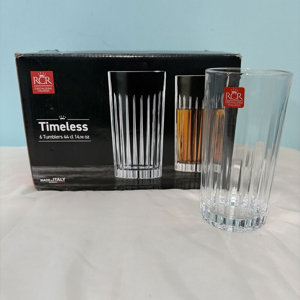 Set of 6–RCR Timeless Luxion Crystal Tumblers Glasses 14.98 OZ ITALY NEW In Box